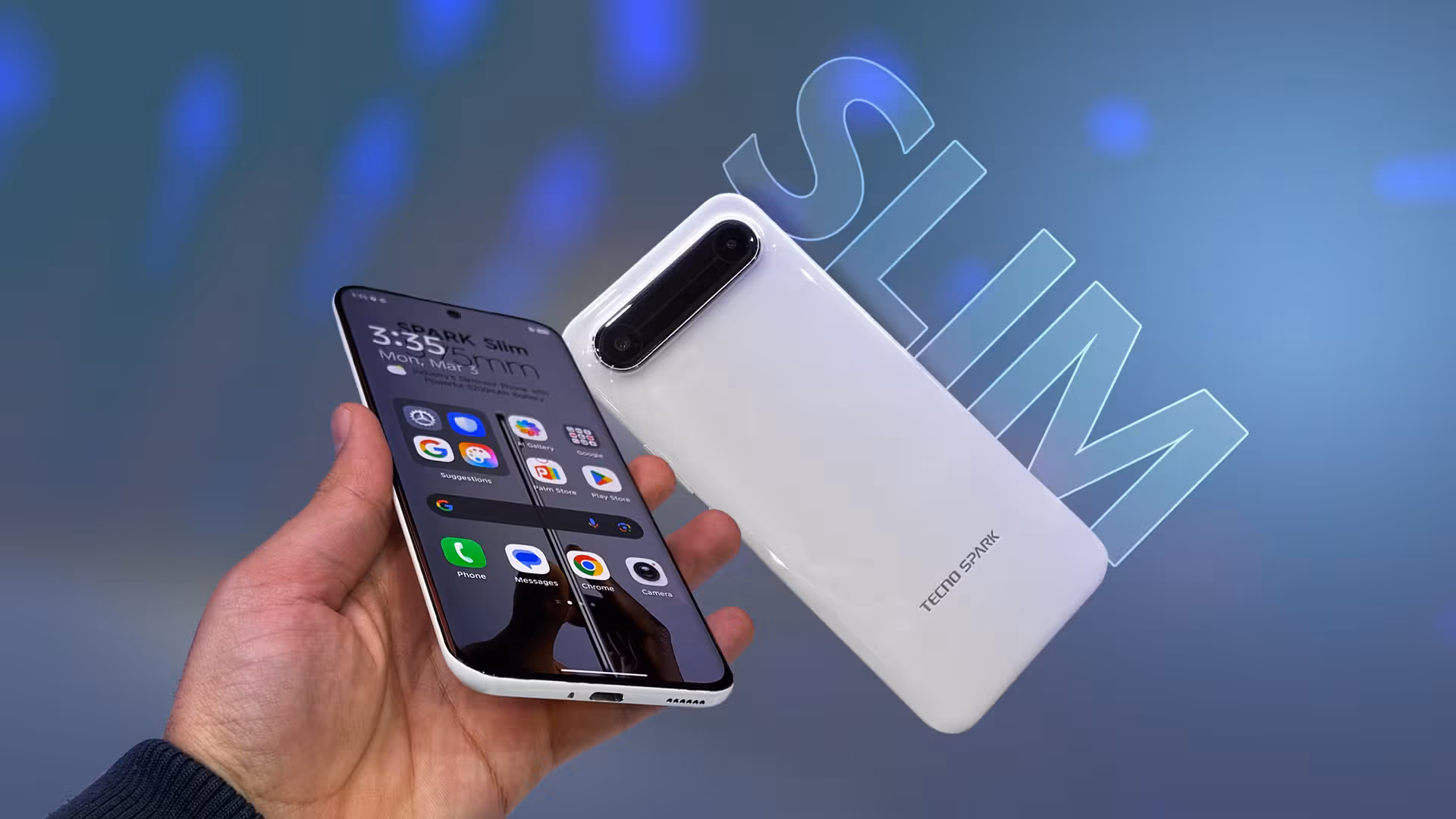 On the Left a Hand Holding a Tecno Spark Slim and on the Right the Back of the Device