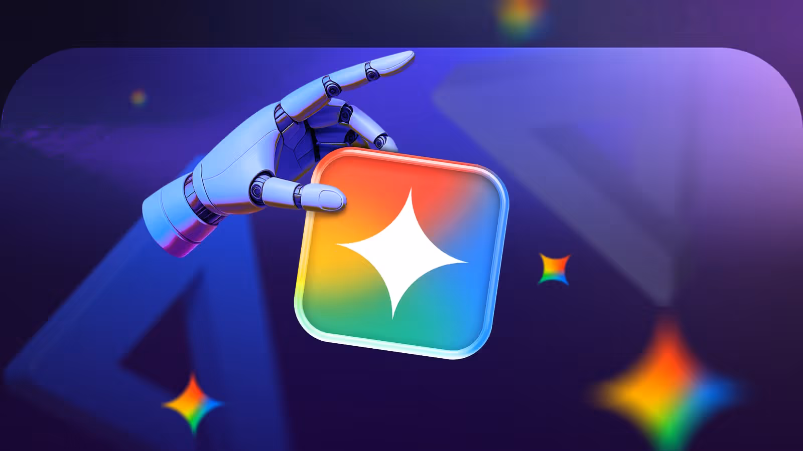A Robotic Hand Holding the Gemini Icon Against a Dark Background