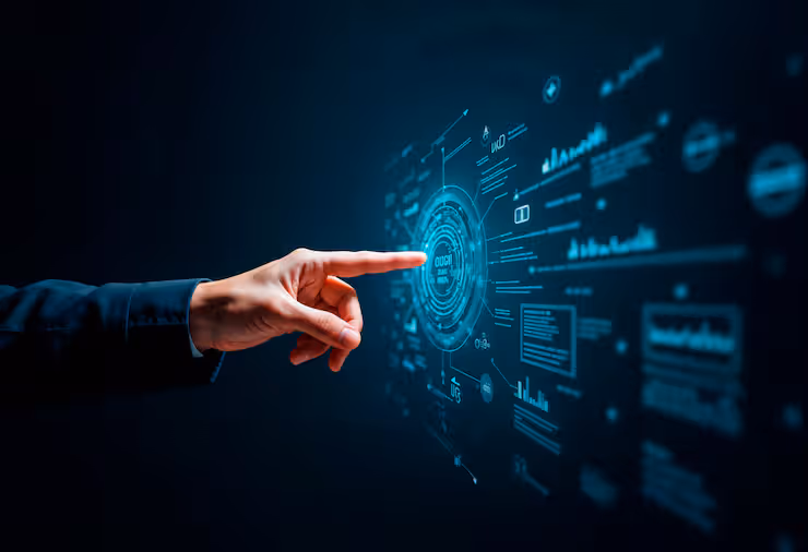 Hand Touching Digital Screen With Data Visualization 23 2151964669