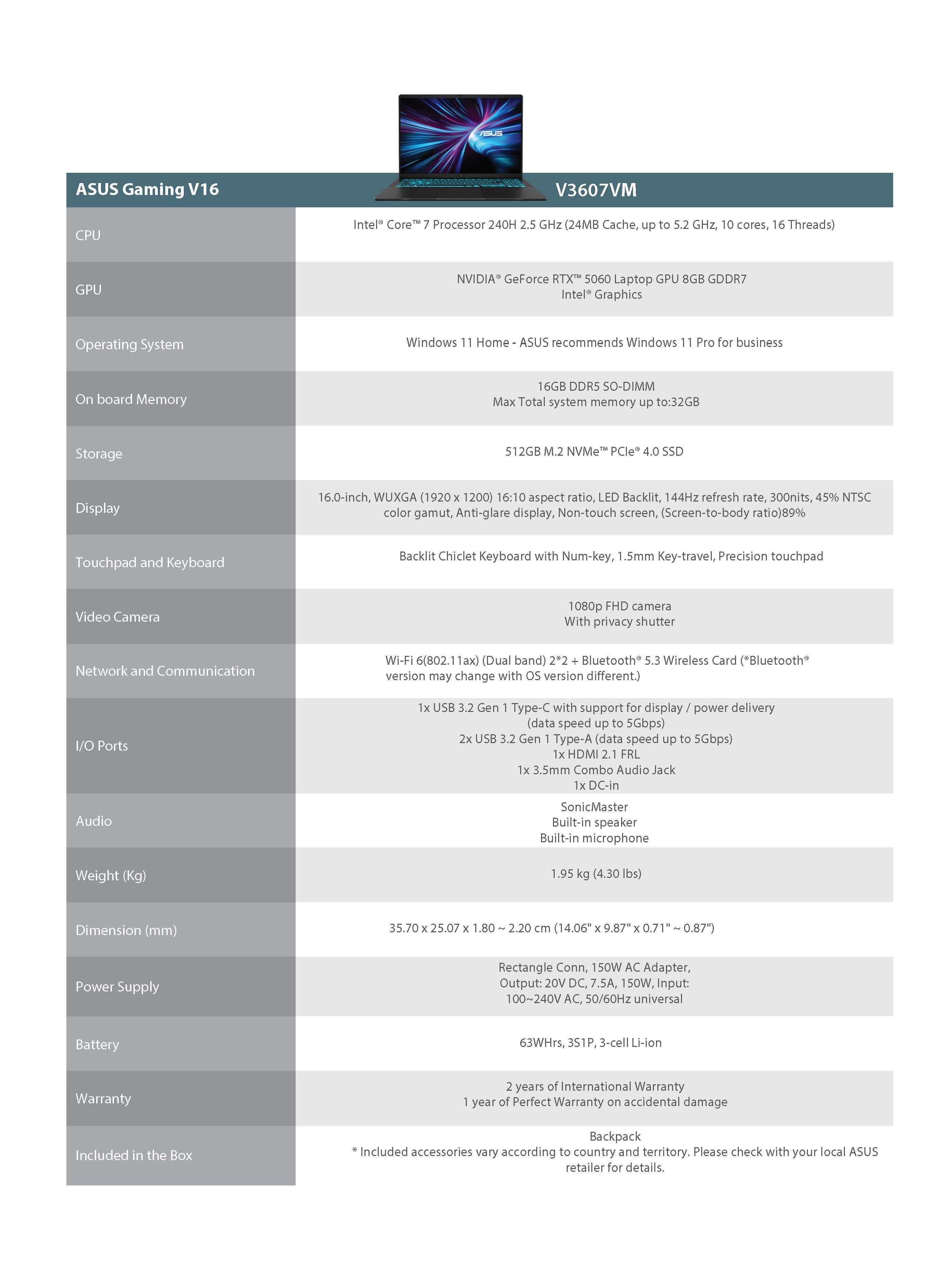 Asus V16 V3607 Salesdeck