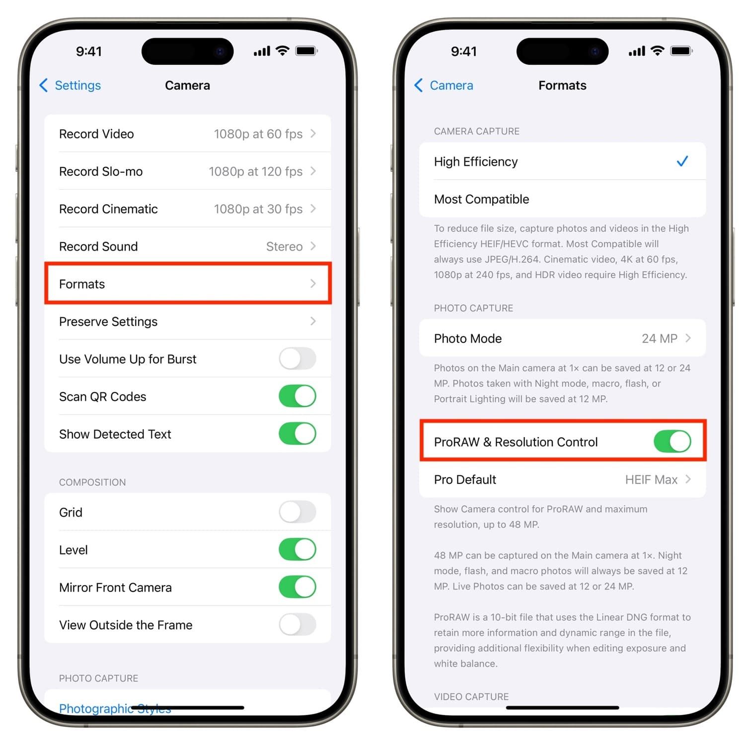 Turn on Resolution Control in I Phone Camera Settings