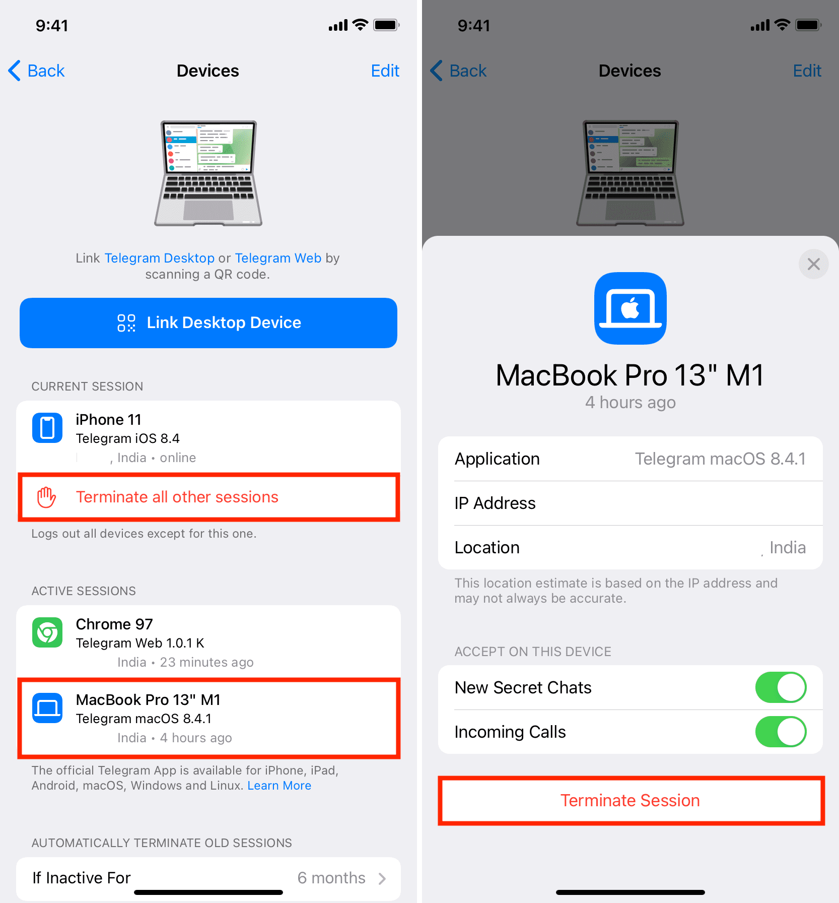 Terminate Session Mac Web Telegram