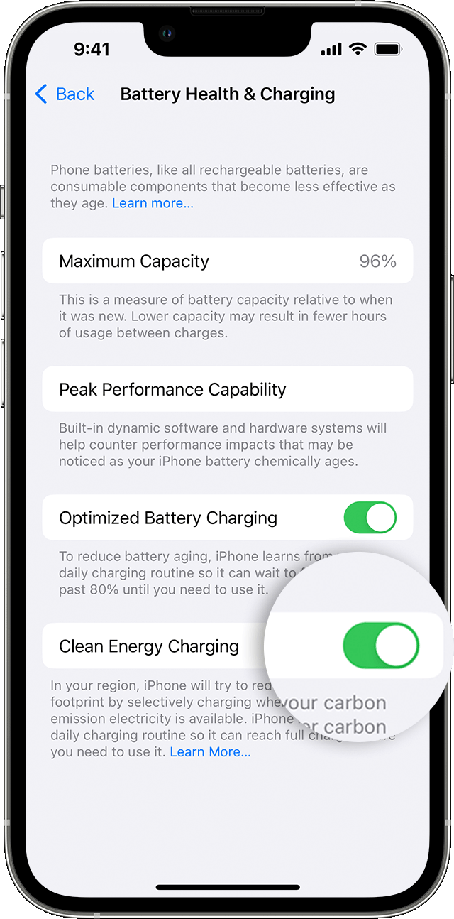 iOS 16 iPhone 13 Pro Settings Battery Battery Health Charging Clean Energy Charging Callout
