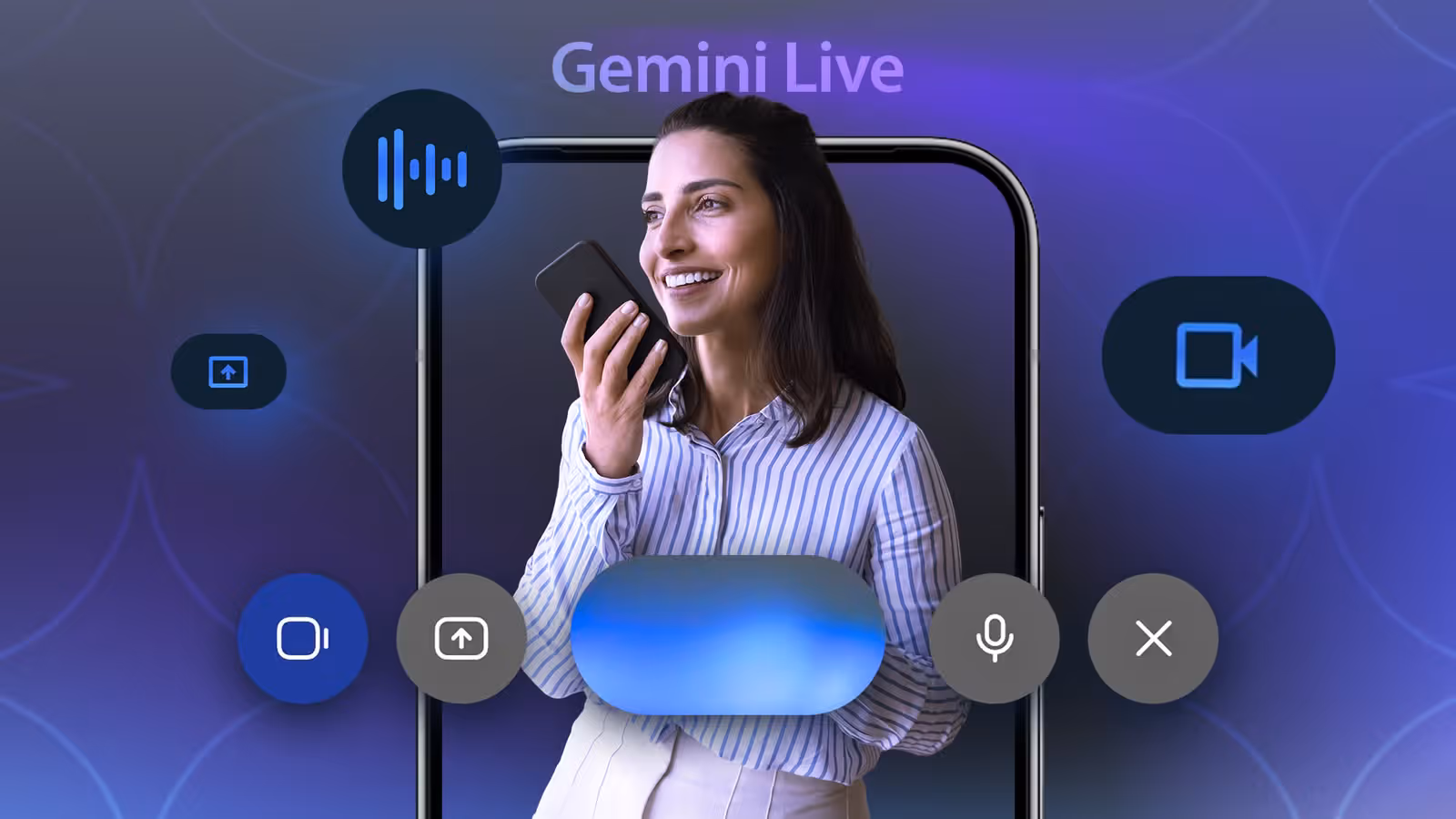 Woman Using Gemini Live on a Smartphone Surrounded by Voice Assistant Controls and a Large Phone Frame