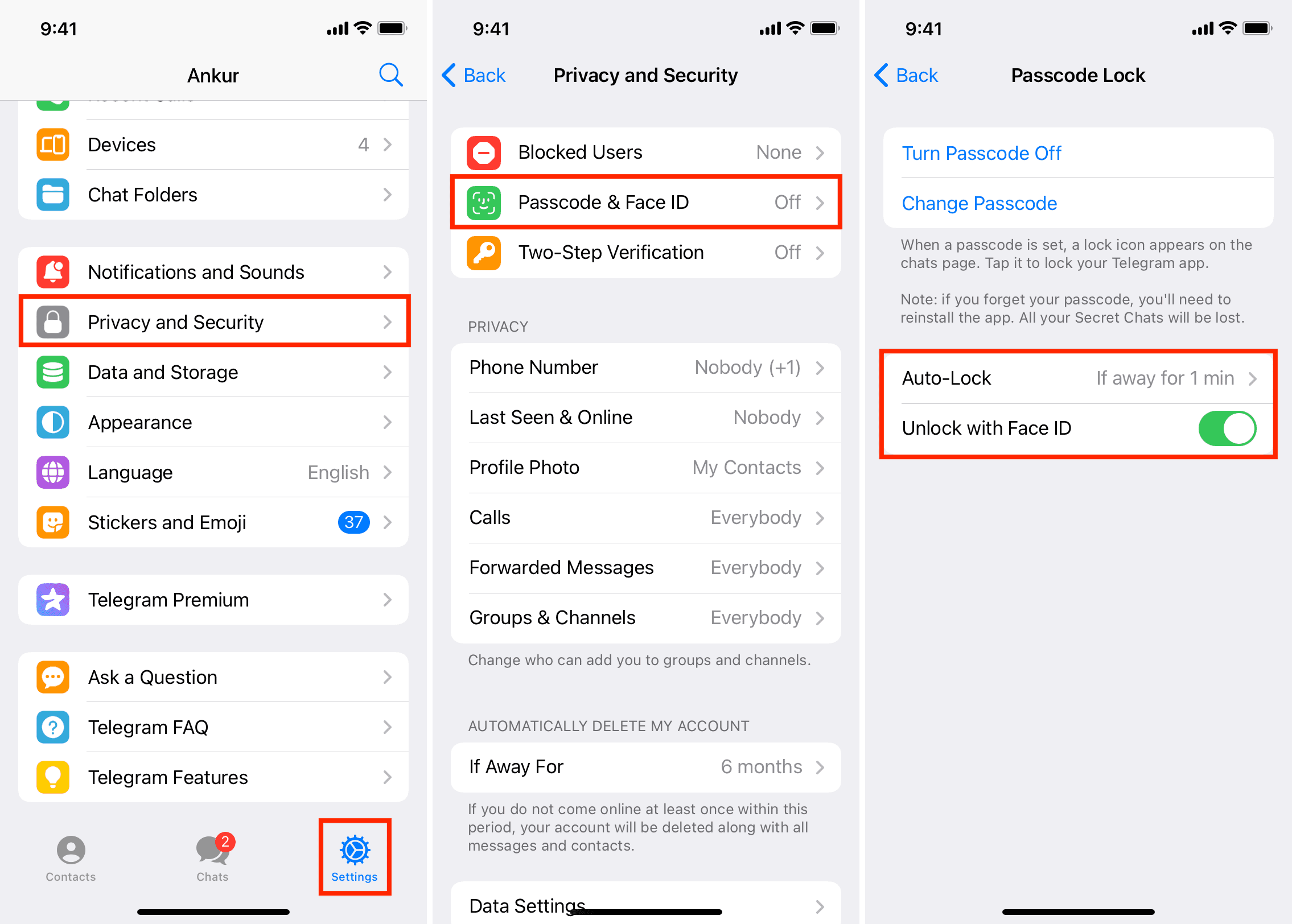 Passcode and Face ID Lock on Telegram I Phone